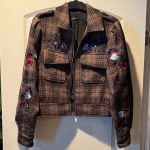 DRIFTWOOD Brown Plaid Jacket with Floral Embroidery
